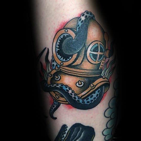 Creative Diving Helmet Octopus Arm Tattoos For Men