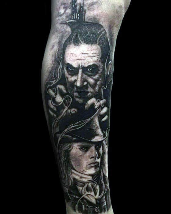 Creative Dracula Black And Grey Ink Shaded Leg Sleeve Tattoos For Guys