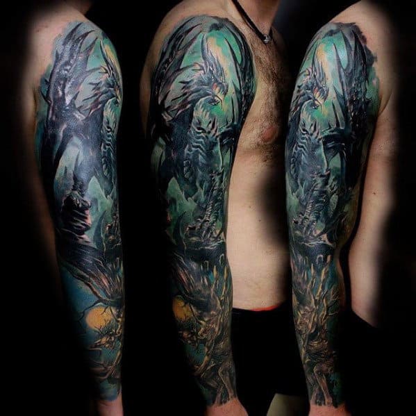 Creative Dragon Watercolor Guys Full Arm Tattoos