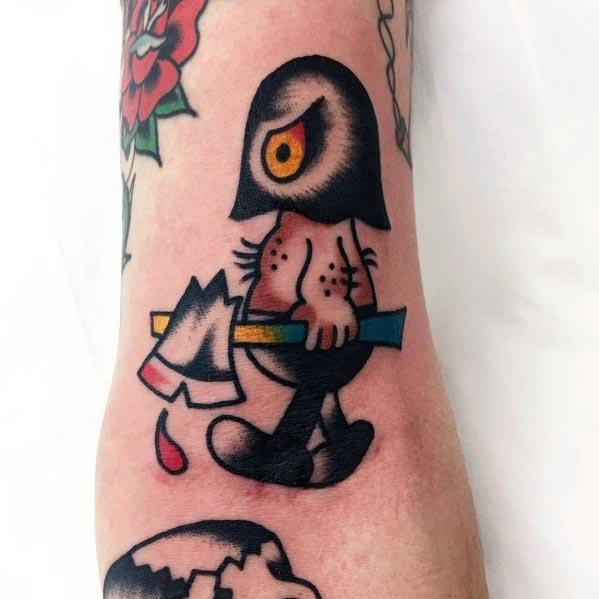 Neo-traditional executioner tattoo featuring a small hooded figure with an eerie eye, holding a bloodied axe in a bold cartoon style.
