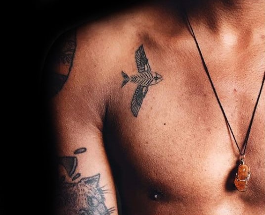 Creative Fish Skeleton Mens Upper Chest Tattoos