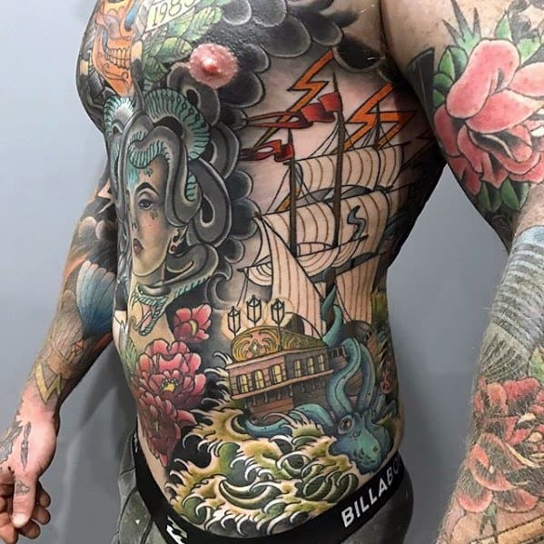 Creative Full Chest And Rib Cage Side Thunderstorm Tattoos For Men