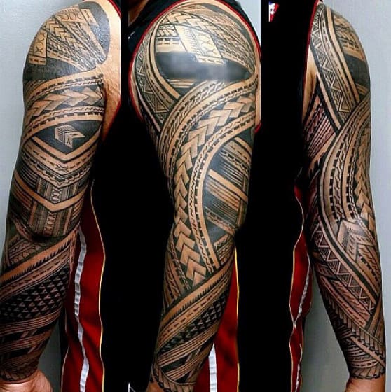 Creative Full Sleeve Tattoo With Samoan Tribal Design On Male
