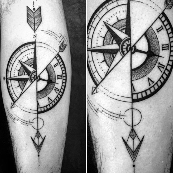 Detailed geometric compass tattoo on forearm featuring arrows, bold outlines, and symmetrical linework for a modern navigation look.