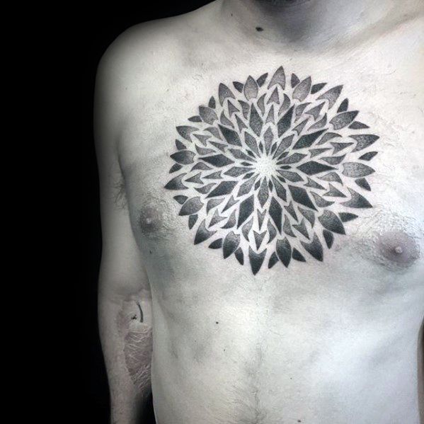Creative Geometric Flower Dotwork Chest Tattoos For Men