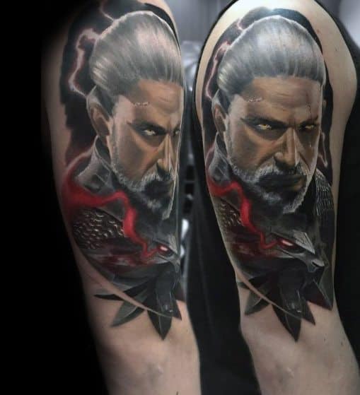 Geralt tattoo with intense yellow eyes, silver hair, and dark armor, featuring a glowing red energy effect and a detailed wolf medallion.