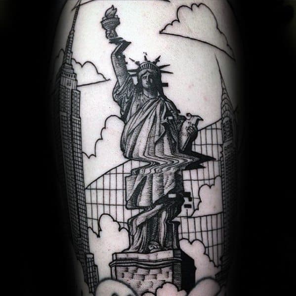 Glitch tattoo of the Statue of Liberty with horizontal distortion, surrounded by NYC skyscrapers and outlined clouds in the background