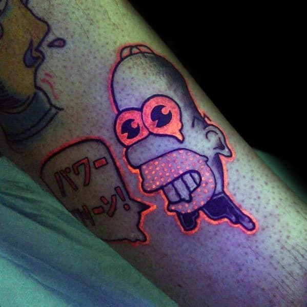 Glow-in-the-dark tattoo of Homer Simpson with trippy eyes and a melting effect, featuring neon UV ink and Japanese text.