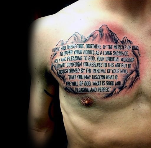 Creative Guys Bible Verse Tattoo Designs On Chest With Mountains