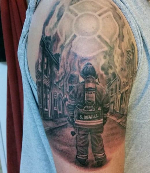 Creative Guy's Fireman Firefighter Tattoos Designs On Arm