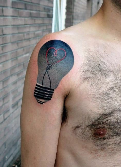 Creative Guys Light Bulb With Heart Shoulder Tattoo Design Ideas
