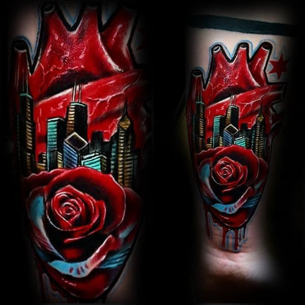 Creative Guys Rose Flower Heart Chicago Flag With Skyline Tattoo