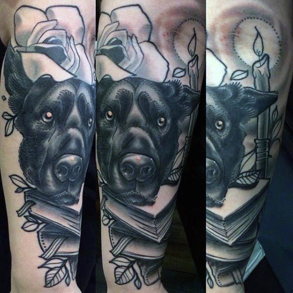 Creative Half Sleeve Dog With Books And Rose Flower Mens Tattoo
