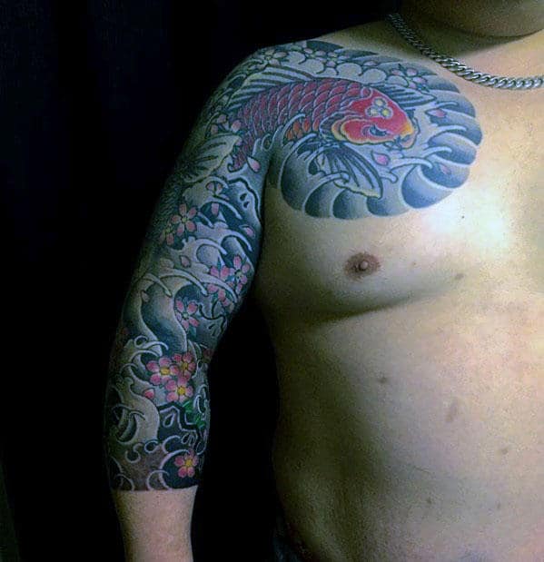 Creative Half Sleeve Male Japanese Swimming Koi Fish Tattoo Designs