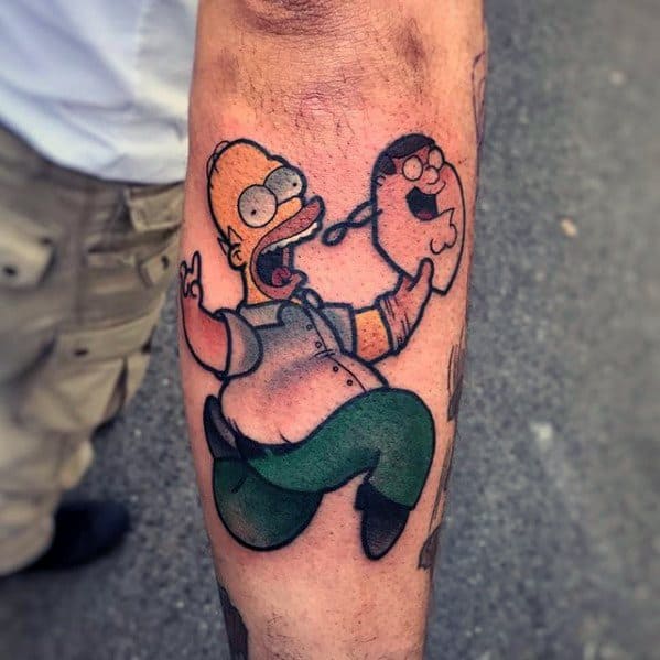 Creative Homer Simpson Running With Family Guy Mask Outer Forearm Tattoos For Men