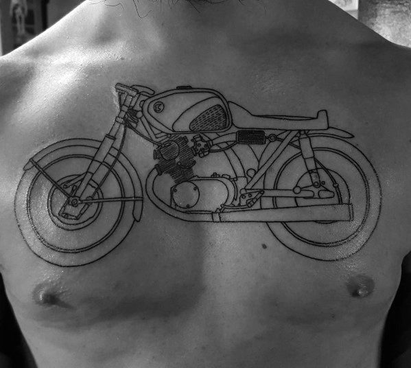 Black outline tattoo of a Honda motorcycle on a man's chest, featuring a detailed vintage café racer design.
