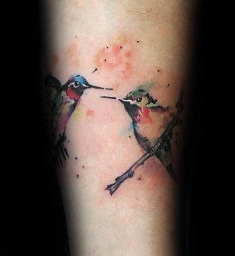 Creative Hummingbird Colorful Watercolor Male Arm Tattoo Design Ideas