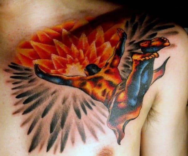 Creative Icarus Guys Chest And Shoulder Tattoo