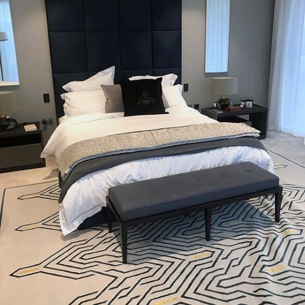 tall navy blue headboard ottoman floor rug