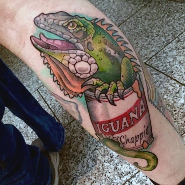 Colorful iguana tattoo popping out of a can labeled "Iguana Chappie," with cartoon-style shading and playful design