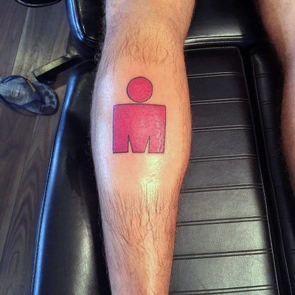 Simple and bold tattoo of the Ironman logo in vibrant red, symbolizing endurance and achievement.