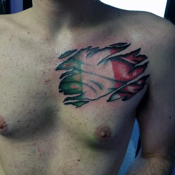 Chest tattoo with a torn skin effect revealing the Italian flag underneath, symbolizing deep pride and connection to Italian heritage.