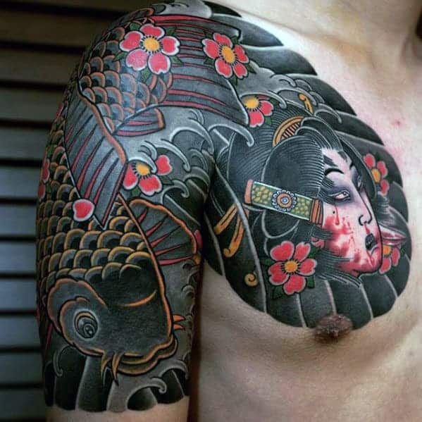 Vibrant Japanese tattoo design on the upper chest, featuring a koi fish and a geisha portrait, adorned with red cherry blossoms and bold shading for a striking composition