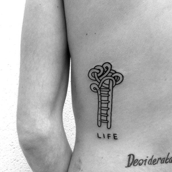 Creative ladder tattoo with tangled lines at the top, symbolizing life's complexities, perfect for men's ribs or side torso.