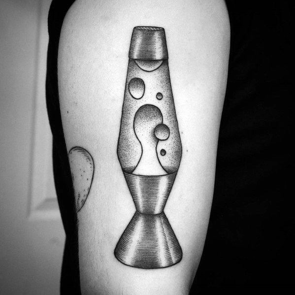 Black and grey lava lamp tattoo with detailed shading, a sleek and minimalist design for men.