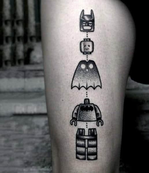 Creative Lego Themed Batman Tattoos For Guys On Thigh