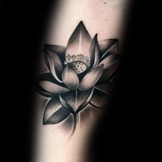 Creative Lotus Flower Black And Grey Male Shaded Arm Tattoos