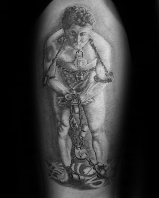 Realistic black and grey tattoo of Houdini in chains and locks, performing an escape trick
