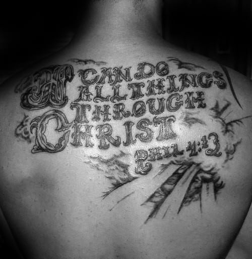 Creative Male Philippians 4 13 Upper Back Tattoo Design Ideas