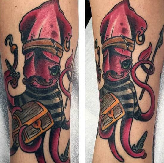 Creative Male Squid With Treasure Chest Tattoos