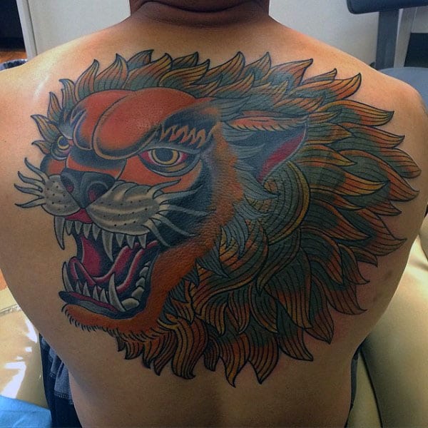 Creative Male Traditional Lion Upper Back Tattoo Ideas