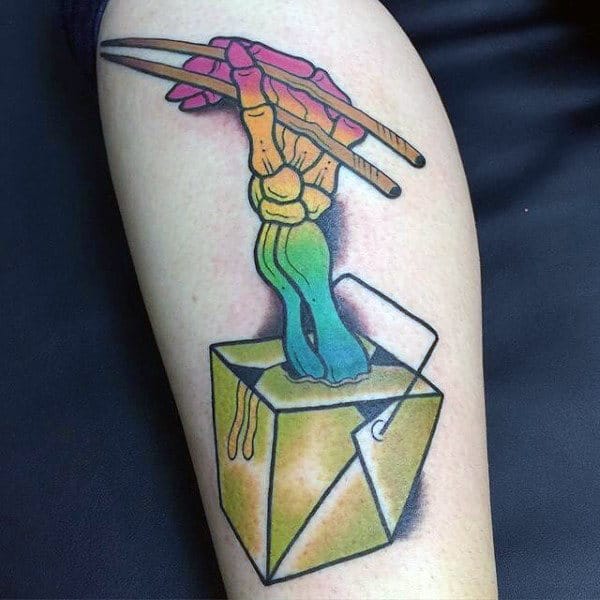 Creative Male With Colorful Skinny Hands Holding Chopsticks Food Tattoo