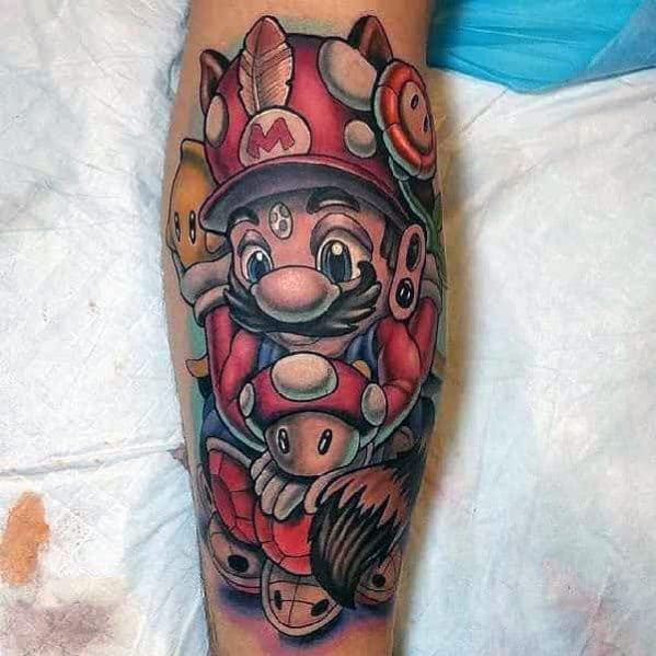 Highly detailed Mario tattoo with a tribal-inspired twist, featuring power-ups, bold colors, and intricate shading for a unique gaming design.