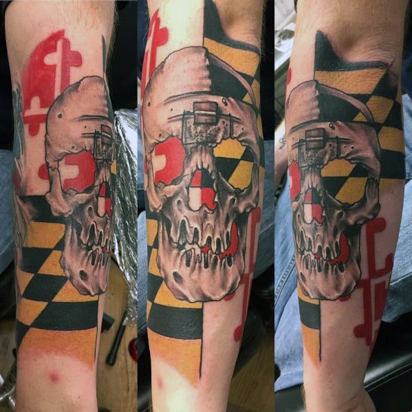 Maryland flag tattoo on the forearm featuring a realistic skull overlay, blending state pride with a bold and edgy design.