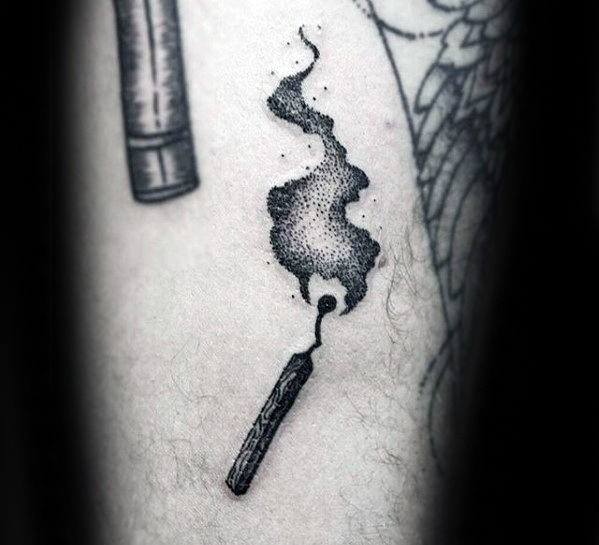 Burnt matchstick tattoo with detailed smoke trail in dotwork style, symbolizing fleeting moments or the aftermath of intensity.