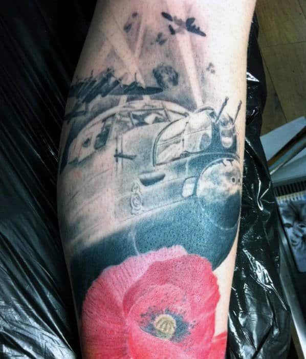 Creative Memorial Poppy Flower Air Force Plane Tattoos For Men