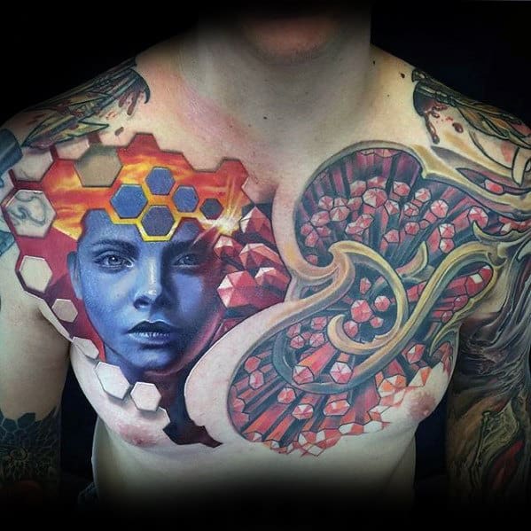 Creative Mens 3d Tattoo Design Inspiration On Chest