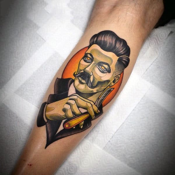 Creative Mens Barber Tattoo On Leg