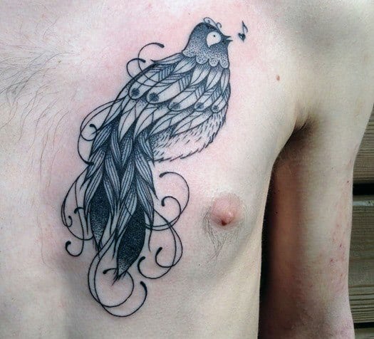 Tattoo of a stylized bird with intricate feather details on a person's chest