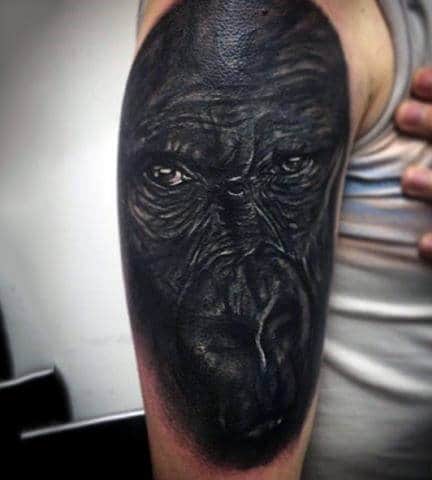 Creative Mens Black Ink Upper Arm 3d Gorilla Tattoos Ideas