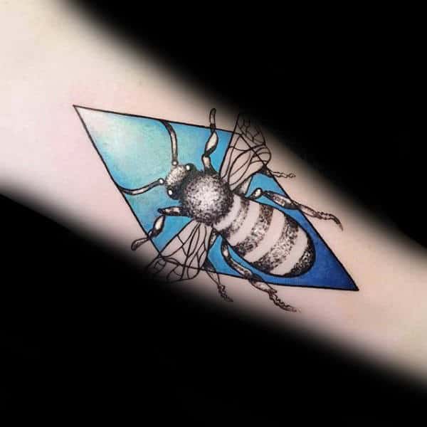 Creative Mens Blue Ink Bee Forearm Tattoos