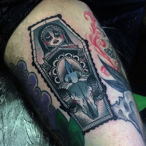 Creative Mens Coffin Tattoo On Bicep