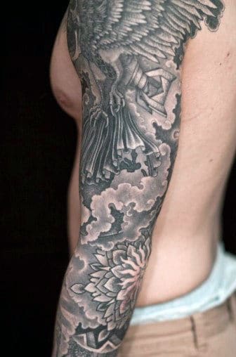 Creative Mens Full Sleeve Cloud Tattoo In Black Ink