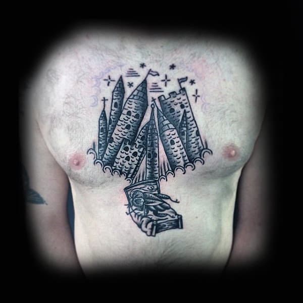 Creative Mens Outline Black Ink Castle Chest Tattoos