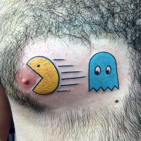 Creative Mens Pacman And Blue Ghost Chest Tattoo
