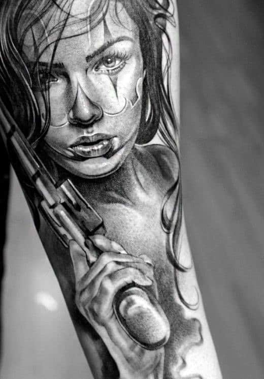 Creative Men's Pistol And Woman Tattoo On Forearm